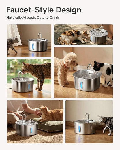 PEKTACO Stainless Steel Cat Water Fountain with 3 Filters, 3.2L/108oz | Cat drinking fountain, dishwasher safe, with triple filtration, quiet pump, and visible water window for cats and small pets