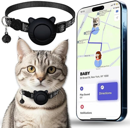 GPS Tracker for Cat Tracker Collar Waterproof Airtag Compatible with Apple Find My (iOS ONLY) No Monthly Fee Breakaway Design Reflective Pattern Bell Black Durable Cat Tracking (Tracker with Collar)