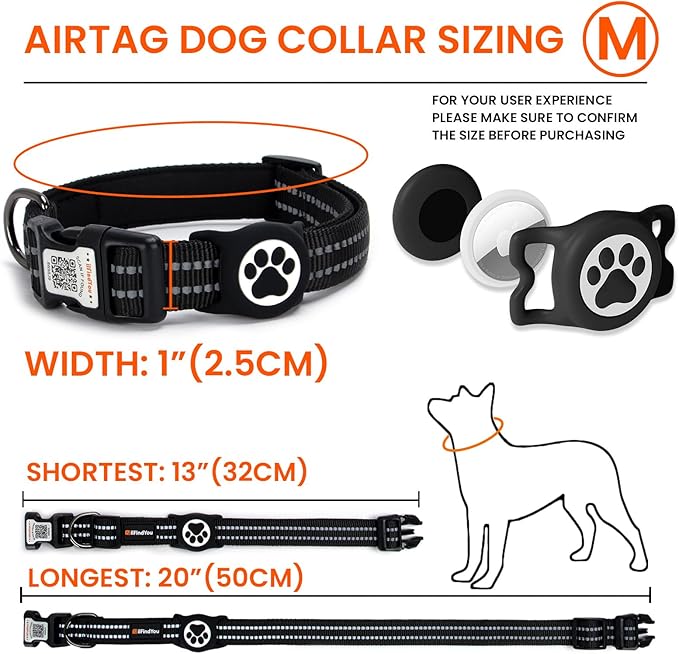 AirTag Dog Collar for Medium Dogs, IP68 Waterproof Air Tag Dog Collar with Apple AirTag Holder, Reflective, QR Code Personalized Dog Tags(Black, Medium)