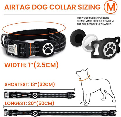 AirTag Dog Collar for Medium Dogs, IP68 Waterproof Air Tag Dog Collar with Apple AirTag Holder, Reflective, QR Code Personalized Dog Tags(Black, Medium)