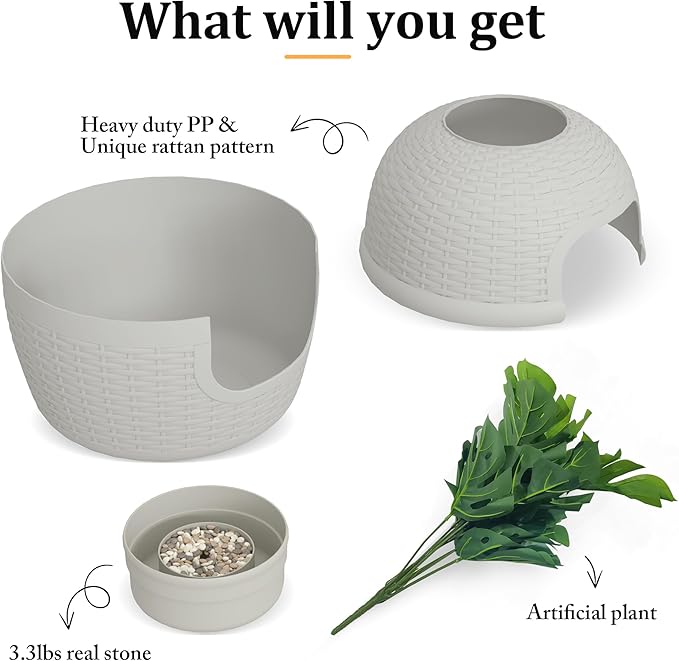 Cat Litter Box, Hidden Litter Box with Faux Plant, Heavy Duty Litterbox Enclosure Furniture with Rattan Pattern, PP Cat Box Enclosure Furniture for Living Room, Bedroom, White