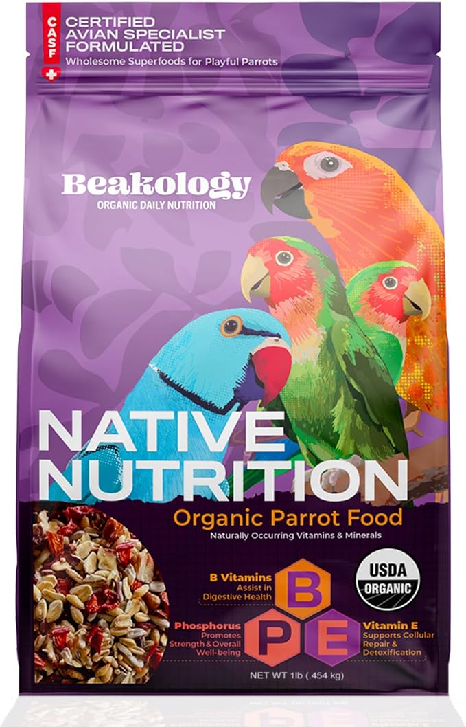 Native Nutrition Organic Parrot Food, USDA Certified, Non-GMO, for Small and Medium Parrots, 1 lb