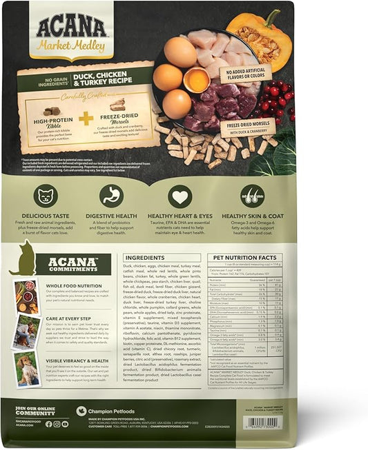 ACANA Market Medley Adult Cat Food, Duck, Chicken & Turkey Recipe with Freeze-Dried Morsels Made with Duck & Cranberry, Complete and Balanced Nutrition, 3.5 lb Bag