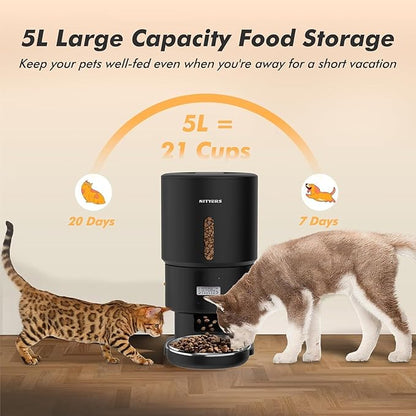 Automatic Cat Feeder - 5L Anti-Clog Cat Food Dispenser Keeps 2-15mm Dry Food Fresh, 10s Voice, 1-6 Meals/Day, Programmable Portions, 180-Day Battery Life, Easy to Clean Auto Pet Feeder for Small Dog
