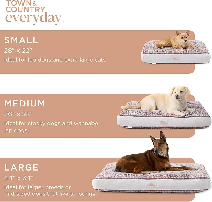 Town & Country Everyday CuddleTown Medallion Everwash® Pillow Pet Bed, Water Repellent Floor Pillow, Machine Washable Cover, Soft & Calming, Red/Greige, Large 44"x34"x4"