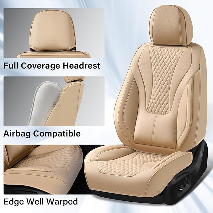 Coverado Waterproof Nappa Leather Car Seat Covers, Automotive Seat Covers，Front Car Seat Cushion & Car Seat Protector, Beige Seat Covers Universal Fit for Most Cars, SUVs, Trucks