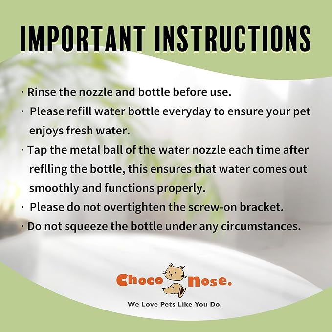 Choco Nose No-Drip Water Bottle Feeder for Guinea Pigs, Hamsters, Bunnies, Ferrets, & Small Pets, 10.2 fl.oz, 300ml - Easy to Install in Cages/Crates, US Patented Leakproof Nozzle 10mm, Green (C128)
