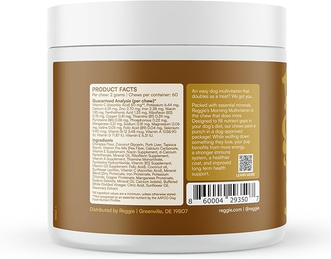 Reggie Morning Multivitamins for Dogs | Daily Dog Vitamin Chews with Vitamins & Minerals for Immunity, Heart, Skin, Coat, Joints & Digestion | Vet-Approved, Natural Dog Supplement | 60 Soft Chews