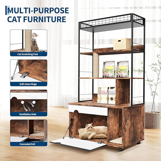 2-in-1 Hidden Cat Litter Box Enclosure Furniture with 4-Tier Shelves & Scratching Post, Large Wooden Cat Litter Cabinet for Most Litter Boxes, Brown