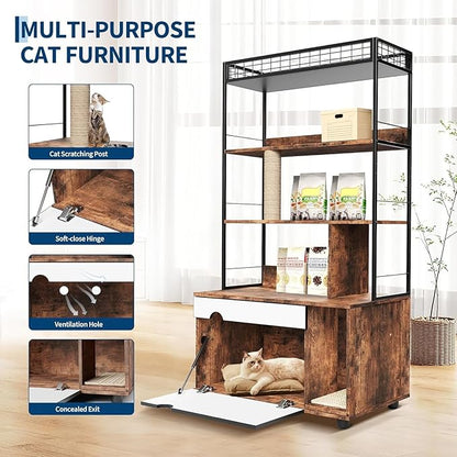 2-in-1 Hidden Cat Litter Box Enclosure Furniture with 4-Tier Shelves & Scratching Post, Large Wooden Cat Litter Cabinet for Most Litter Boxes, Brown
