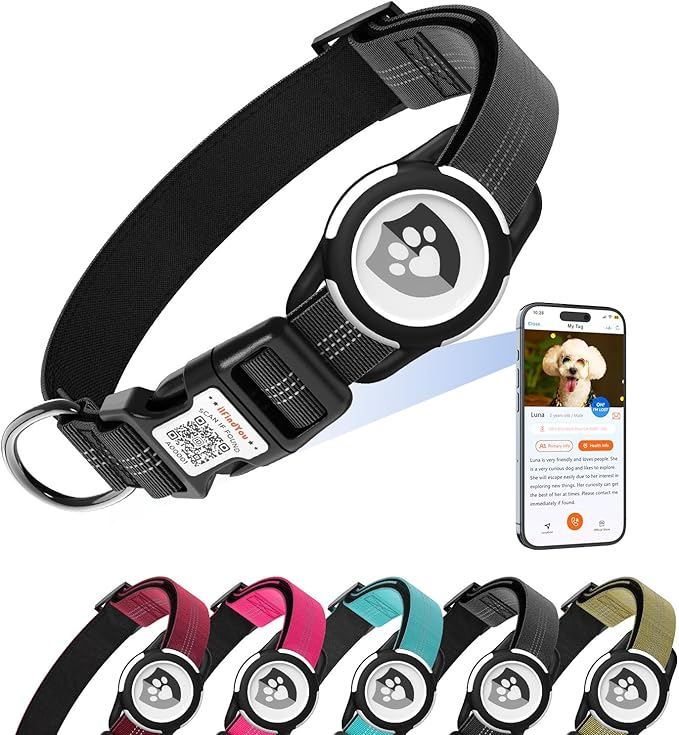 Reflective Dog Collar with AirTag Holder for Puppy Soft Nylon Black Sized XS
