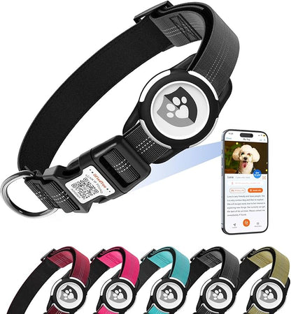 Reflective Dog Collar with AirTag Holder for Puppy Soft Nylon Black Sized XS