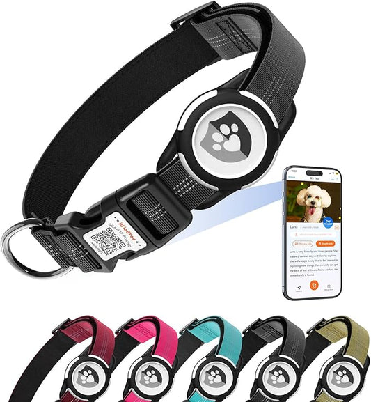 Reflective Dog Collar with AirTag Holder for Puppy Soft Nylon Black Sized XS