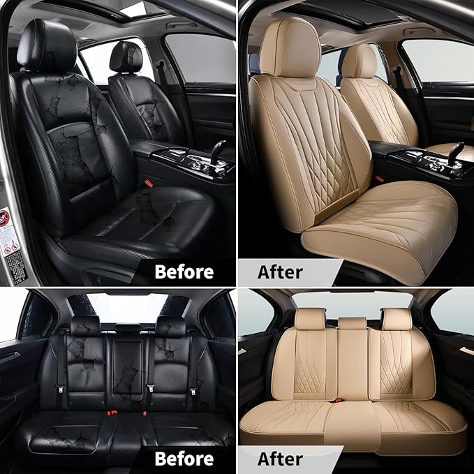 FLORICH Front Car Seat Covers, Leather Automotive Seat Covers for Cars, Airbag Compatible, Waterproof&Breathable, Luxury Car Seat Covers Fit Most Vehicles - Beige