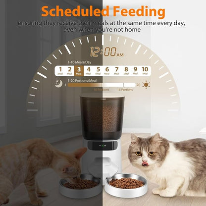 Automatic Cat Feeders WiFi for Two Cats, 5L/20 Cups Double Automatic Cat Food Dispenser with APP Control, 2 Stainless Bowls, Timer Setting 20 Portions 10 Meals Per Day