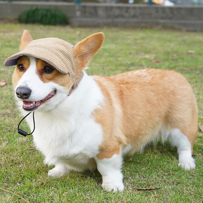 Dog Baseball Cap, Dog Cat Summer Beach Visor Hat with Ear Holes, Adjustable Puppy Sunbonnet Headdress (Khaki, Large)