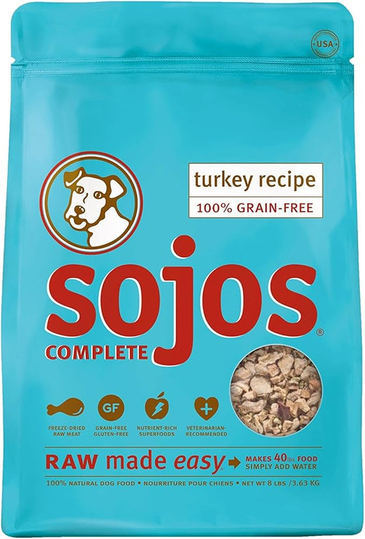 SOJOS Complete Grain Free Freeze-Dried Turkey Raw Natural Dry Dog Food Mix, 8-Pound Bag