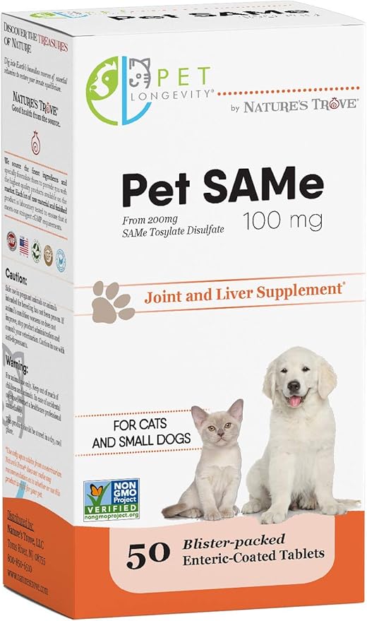 Same 100 mg Pet Supplements – Liver and Joint Support for Cats, Small Dogs with Elevated Enzymes – S Adenosyl Methionine - 50 Gluten Free Enteric Coated Tablets – Non GMO Certified