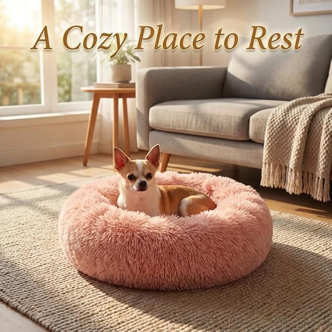 Tiny Dog Bed 15 Inch for Extra Small Dogs,Washable Puppy Bed,Soft Faux Fur Calming Donut Bed for Chihuahua Yorkie Maltese Pomeranian,Pink