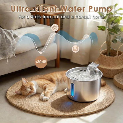 Stainless Steel Cat Water Fountain, 74oz/2.2L Automatic Pet Water Dispenser with 3 Replacement Filters & 2 Replacement Water Outlets, Quiet Indoor Drinking Fountain for Cats Dogs, Water Level Window