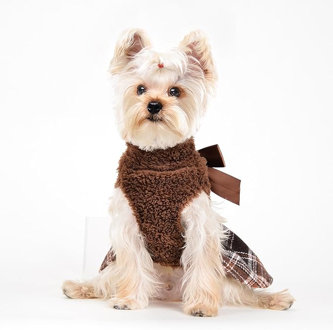 Yikeyo Dog Sweater Dress,Dog Sweaters Dress for Small Dogs New Year Outfit Sweater Female, Winter Warm Female Clothes Girl Pet Outfit Cat Apparel (Small, Brown)