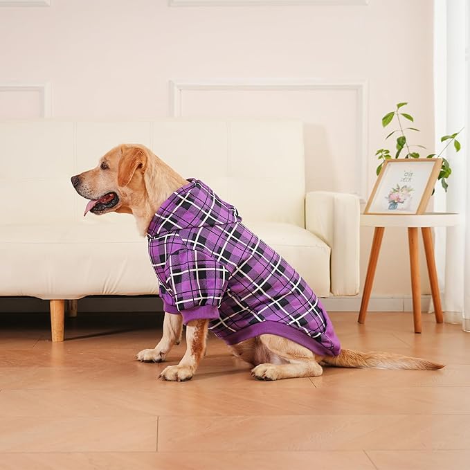 EXPAWLORER Plaid Dog Hoodie - British Style Warm Dog Sweater Shirt with Leash Hole,Pitbull Clothes Outfits,Winter Coat Apparel for All Breeds Puppy Girl Boy-Cat Apparel,Purple X-Large