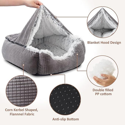 MIXJOY Dog Beds for Medium Large Small Dogs, Rectangle Cave Hooded Blanket Puppy Bed, Luxury Orthopedic Cat Beds for Indoor Cats, Warmth and Machine Washable (25 inches, Grey)