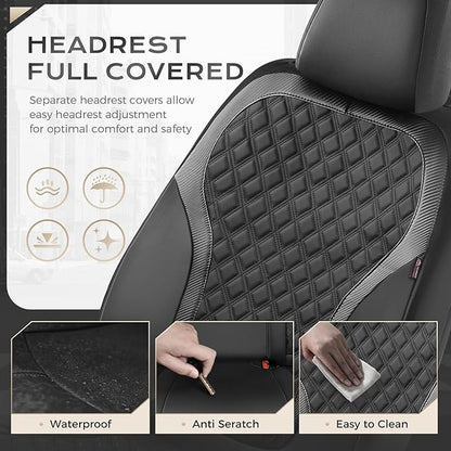 Coverado Seat Covers Full Set, Luxury Leather Car Seat Cover with Carbon Fiber Accents Design, Spill-Proof Durable Black Automotive Seat Covers, Front and Rear Seat Protectors Universal Fit Most Cars