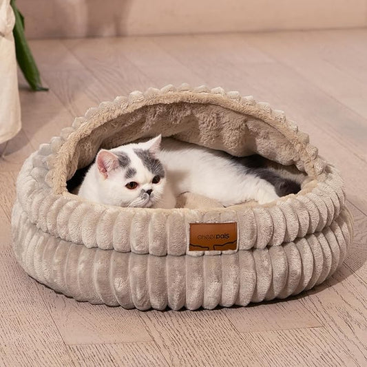 CHEERPALS Cat Cave Bed for Indoor Cats, Washable Covered Cat Bed Hooded Kitty Bed Soft Fluffy Pet Bed for Puppy and Small Dog(Khaki)