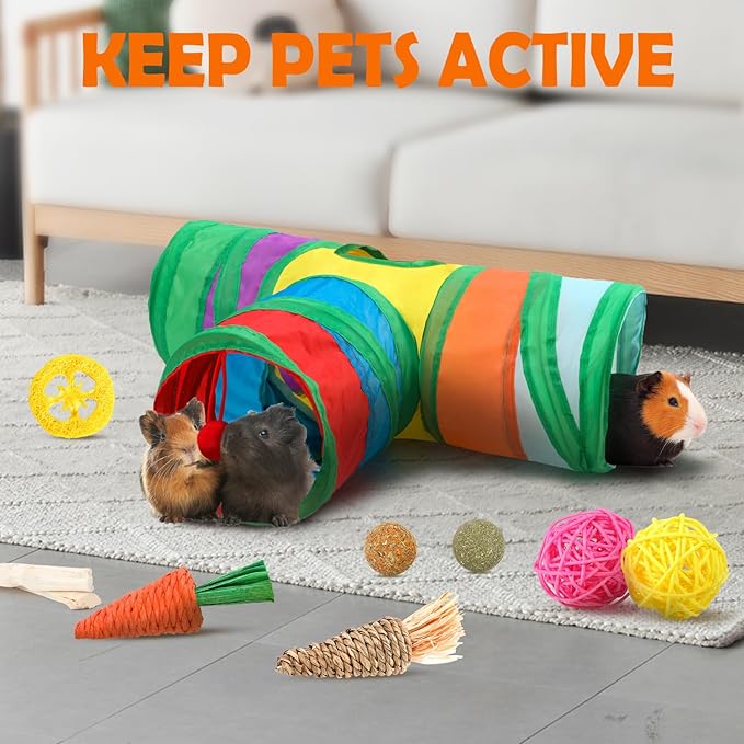 Colorful pet tunnel with guinea pigs playing inside on a carpeted floor.