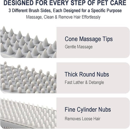 Triangular Wrap-Around Pet Grooming & Bath Brush for Dogs & Cats – 3-in-1 Silicone Dog Bath Brush with Deshedding Bristles, Massage Cones & Deep Cleaning Nubs, Soft Flexible Self-Cleaning Design,Gray