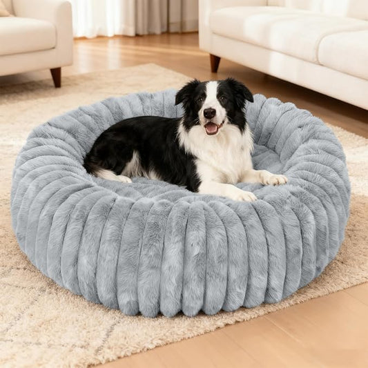 Washable Large Dog Bed,Calming Anti Anxiety Round Donut Dog Bed,Fluffy Puppy Beds for Small Dogs,Cute Kitten Cat Beds for Indoor Cats,Anti-Slip Comfort Pet Beds for Large Size(Grey,XL)