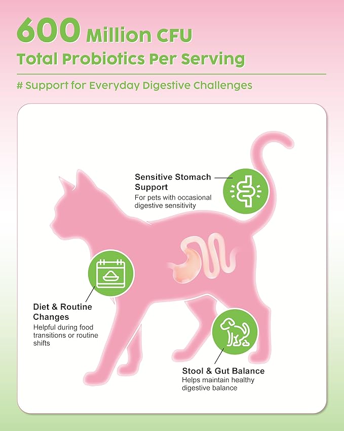 Probiotic Soft Chews for Dogs & Cats - 600M CFU Multi-Strain Probiotics, Prebiotics & Digestive Enzymes - Chicken Flavor Daily Gut Health Supplement - 60 Soft Chews (120g)
