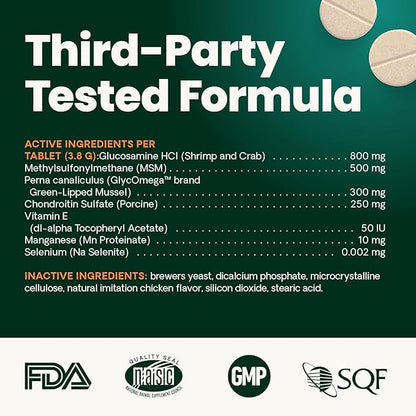 VetriScience Ultimate Strength Healthy Hip & Joint Chewable Tablets, GlycoFlex Glucosamine, Chondroitin and Green-Lipped Mussel Joint Supplement for Dogs, Soothe Joint Discomfort, Chicken, 120 Count
