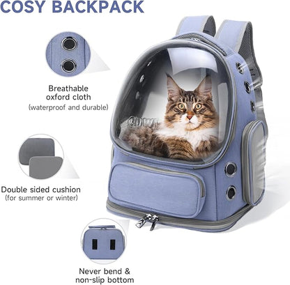 Cawypety Cat Backpack Carrier, Breathable Cat Carrier Large Space Bubble Pet Backpack for Kitty Small Dog up to 12lbs, Transparent & Foldable Pet Carrier for Travel Hiking (Blue