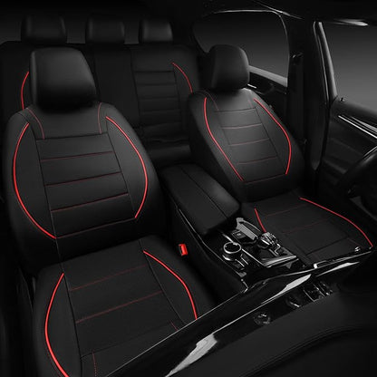 CAR PASS Universal FIT Piping Leather Two Front Seat Covers, Waterproof Faux Leather for SUV Sedan Van Truck, Airbag Compatible,Reserved Opening Holes for Headrest Covers. (Black red)