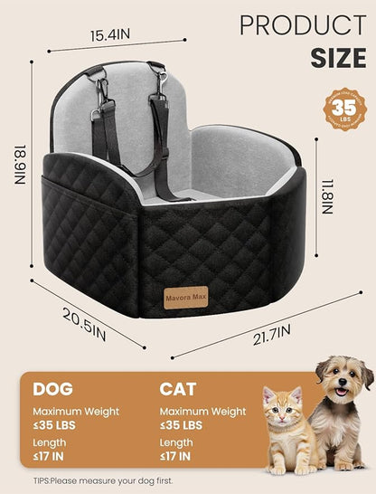 Dog Car Seat for Small/Medium Dogs, Memory Foam Puppy Car Seat Elevated Dog Booster Seat Up to 35 lbs, Fully Detachable Washable, Travel Safety Pet Car Seat with Storage Pockets (Black/Grey)