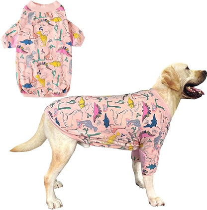 Dog T Shirts Cotton Dinosaur Pattern Prints Shirt Pajamas Pets Breathable Stretchy Apparel Clothes for Large Dogs (L,Pink Dinosaur)