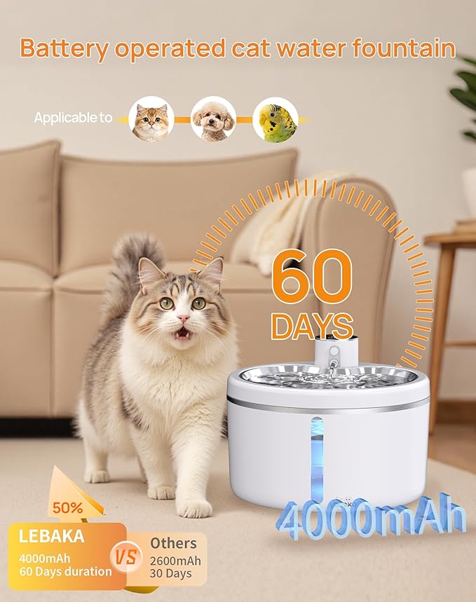 Wireless Cat Water Fountain with Stainless Steel Tray, 102oz/3L Pet Fountain for Cats Inside, Cat Fountain for Drinking with Motion Sensor, Ultra Quiet Pump for Pets&Small Animals (102oz+2Filters)