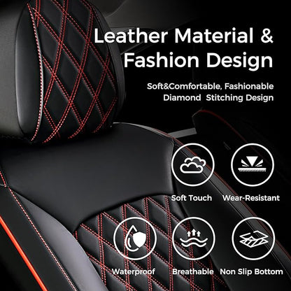 Huidasource Front Seat Covers, Full-Cover Leather Driver Seat Cover, Side Stretch Fabric, Car Interior Front Seat Cover Universal Fit for Most Cars, Most Cars,Vans,Trucks, SUVs (Front Pair/Black&Red)