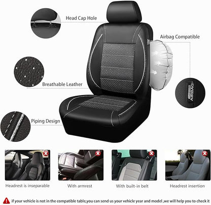 CAR PASS Piping PU Leather Car Seat Cover Full Set, Inside Zipper Design and Reserved Opening Holes, Airbag Compatible,Universal FIT for Car, SUVs,Van,Trucks（Full Set, Black & Silver
