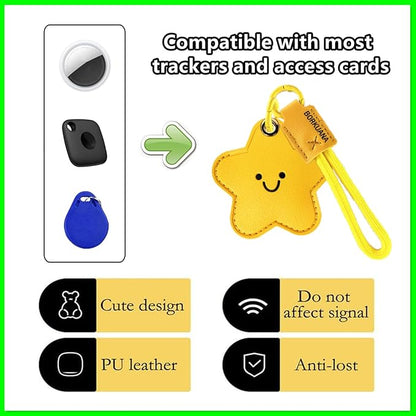 Leather Keychain Holder Case Compatible with AirTag,Cute Protective Cover with Keyring and Lanyard,Anti-Scratch Finder GPS Tracker Case for Wallet Keys,Bag,Pets,Backpack(Star A)