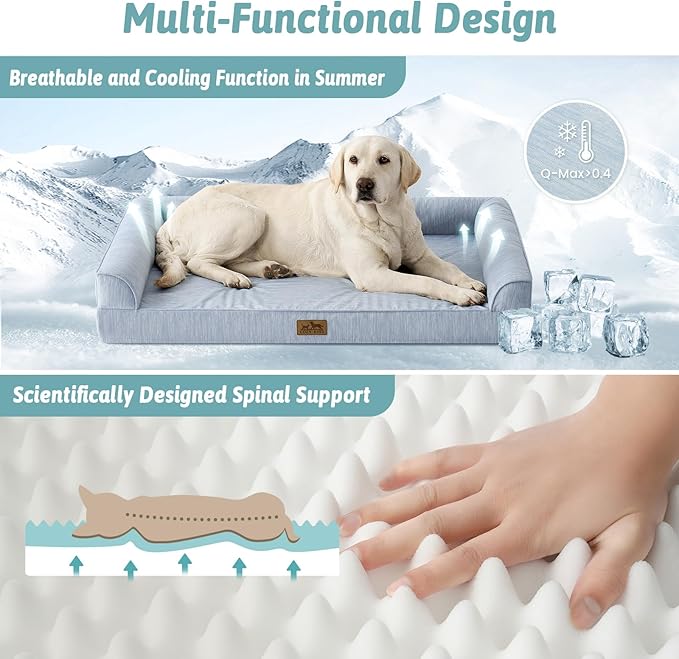 Cooling Dog Bed, Orthopedic Foam Dog Bed with Sides, Removable Washable Cover & Waterproof Lining and Nonskid Bottom, Comfortable Pet Beds for Large Dogs, Blue (42" L x 30" W x 7" Th)
