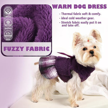 Dog Sweaters for Small Dogs Girl, Sweater Dress, Plaid Hem, Turtleneck, Fluffy Female Clothes Winter Warm Pet Fuzzy Puppy Coat Apparel Outfit Yorkie Chihuahua Clothes,Purple XXS