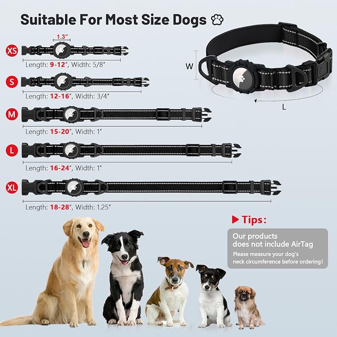 Taglory AirTag Dog Collar with Waterproof Holder for Medium Dogs, Black, M | Reflective for Night Walks & Low-Light Safety, Track Your Pup Peace of Mind, Adjustable Soft Padded, No More Dangling Tags