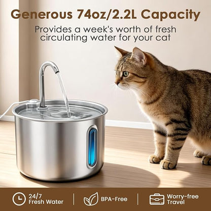 Stainless Steel Cat Water Fountain, 74oz/2.2L Automatic Pet Water Dispenser with 3 Replacement Filters & 2 Replacement Water Outlets, Quiet Indoor Drinking Fountain for Cats Dogs, Water Level Window