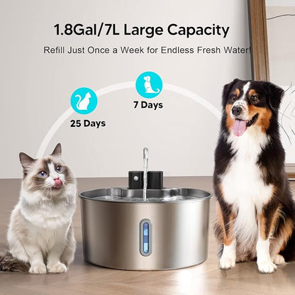 Voluas 7L Wireless Dog Water Fountain with 3 Filters, Stainless Steel | cordless Design, 236oz capacity, 4-layer filtration, ultra-quiet pump, water level window, easy clean for large dogs