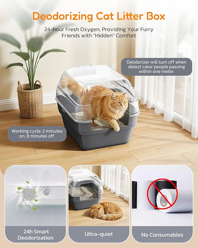 Large Cat Litter Box with Transparent Lid, Foldable Hooded Litter Box with Front Door Flap for Privacy, Easy Clean Non-Sticky Litter Box with Intelligent Deodorizing, (21.6" L x 17.8" W x 17.3" H)