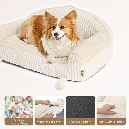 EHEYCIGA Washable Dog Beds for Large Dogs 36 Inch - Striped Cat Couch for Indoor Cats with Removable Cover, Shredded Memory Foam Waterproof Puppy Bed with Non - Slip Bottom, Cream