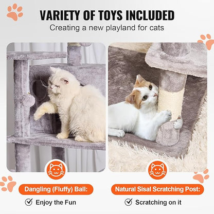 VEVOR Cat Tree for Indoor Cats, 68.5" Cat Tower with 2 Cat Condos, Sisal Scratching Post, Hammock, Top Perch, Jumping Platforms, Large Cat Furniture Activity Center with Hang Ball, Light Grey